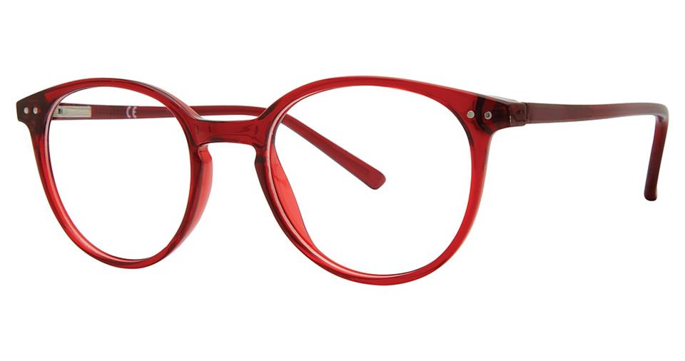 A pair of eyeglasses with round, transparent red frames exuding timeless elegance. The clear lenses and minimalist design make them a standout piece from our Vivid Metro 55 eyewear collection. The arms are straight and perfectly match the striking red color of the frames.