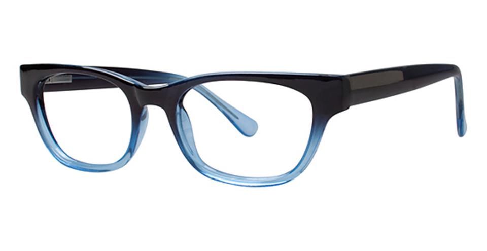 A pair of Metro 11 glasses with a spring hinge design from Vivid, featuring rectangular eyeglasses with a gradient that transitions from black at the top to light blue at the bottom. The durable plastic frames have a sleek, modern appearance and are slightly rounded at the corners.