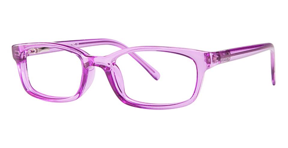 A pair of Vivid Metro 12 glasses featuring rectangular lenses and bold, translucent purple frames. Crafted with durable plastic frames, these glasses have a sturdy appearance with slightly thick arms. The lenses are clear, and the overall style exudes contemporary flair.