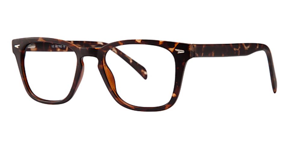 A close-up of a pair of Vivid Metro 16 glasses, showcasing their spring hinge straight design in Tortoise Wood and Black.
