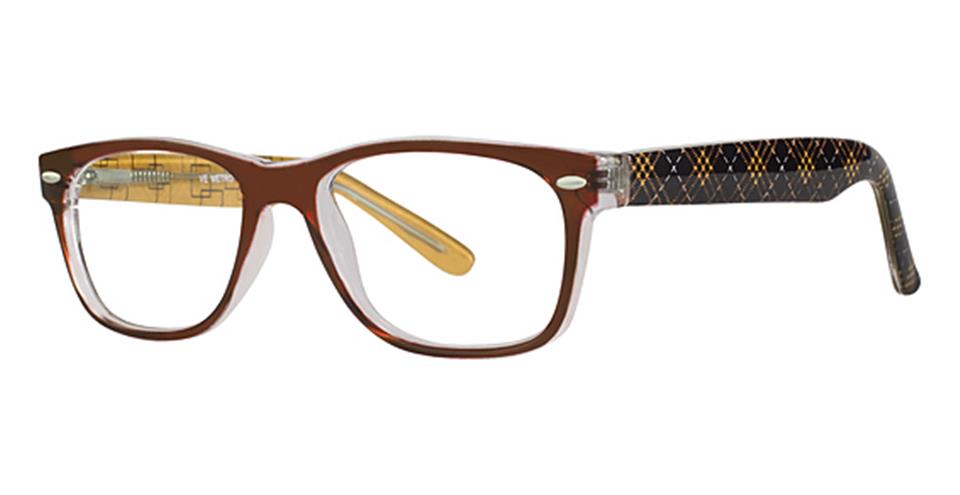 A pair of rectangular eyeglasses with a brown frame, crafted from durable plastic frames. The temples are black with a crisscross yellow pattern and feature a transparent section revealing golden mechanical details. Enhanced with a spring hinge straight design, the inside of the temples is yellow. Introducing Metro 17 by Vivid.