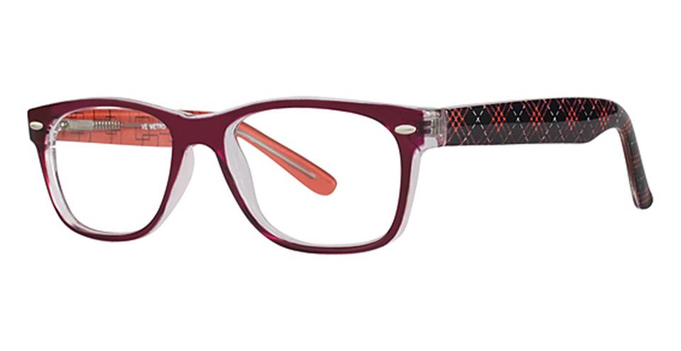 A pair of stylish eyeglasses with durable plastic rectangular frames and a maroon front. The arms feature a transparent design with a black, red, and white diamond pattern. The interior is orange while the corners flaunt silver accents. Boasting a spring hinge straight design, these are Vivid's Metro 17's finest!