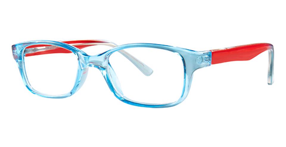 The Vivid Metro 21 glasses feature a pair of rectangular eyeglasses with clear blue frames and transparent red arms. Crafted from durable plastic, the bridge and nose pads are seamlessly integrated into the vibrant design.