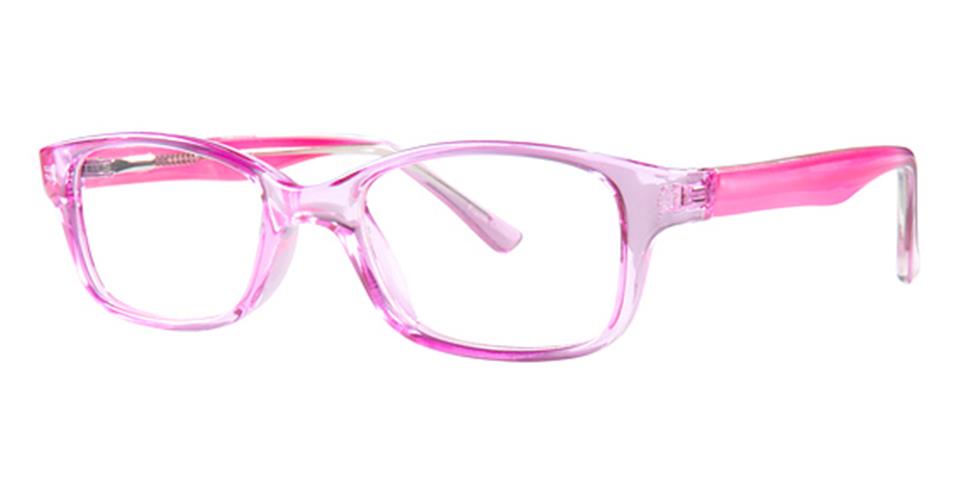 A pair of rectangular Vivid Metro 21 glasses with clear pink frames and matching pink arms. The design is simple, featuring a slightly transparent finish that reveals the metal hinges. Made from durable plastic, these vibrant-colored glasses have curved arms at the ends for a comfortable fit.