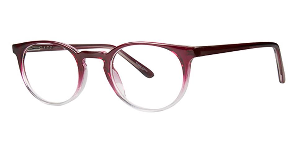 The Vivid Metro 22 glasses feature a pair of round, gradient eyeglasses. The frame is dark red at the top and transitions to a lighter shade towards the bottom. Made from durable plastic, the temples are straight and match the gradient color pattern with a spring hinge for comfort. The lenses are clear and framed thinly.