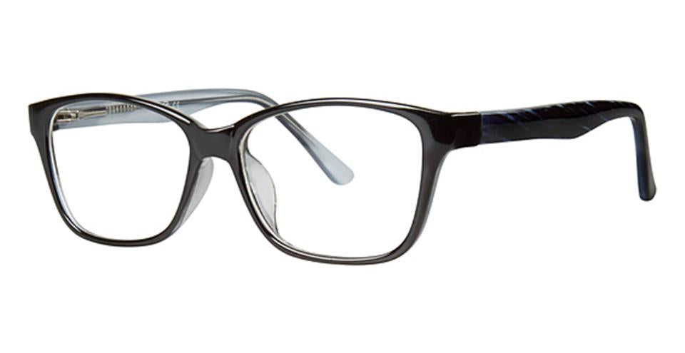 A close-up of a pair of Vivid Metro 23 glasses showcases their durable plastic frames and sleek spring hinge design.
