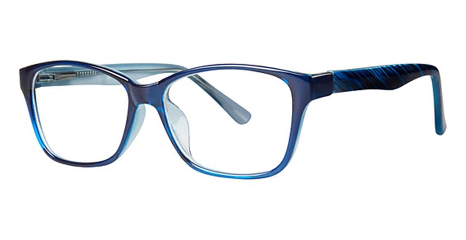 Pair of Vivid Metro 23 glasses with rectangular lenses and a subtly striped pattern on the temples. The durable plastic frames are a blend of different shades of blue, transitioning from a darker tone near the lenses to a lighter hue along the temples, and feature a spring hinge design for added comfort.