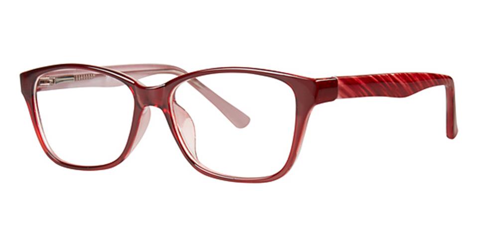 A pair of Vivid Metro 23 glasses featuring red rectangular eyeglasses with a glossy finish and distinct textured stripes on the temple arms. The durable plastic frames have a classic, slightly curved design with spring hinge construction, offering a stylish and modern look.