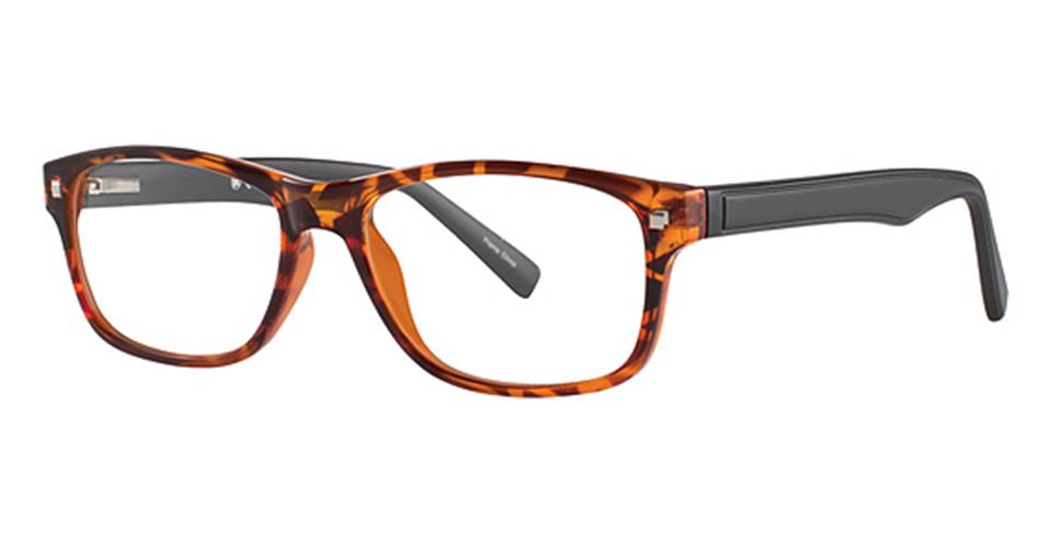 A pair of rectangular Vivid Metro 25 glasses with tortoiseshell-patterned frames and black temples. These eyeglasses feature a blend of amber, brown, and black hues throughout the durable plastic frame, creating a stylish and contemporary look.