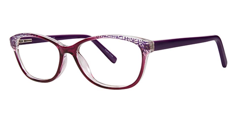 The Vivid Metro 28 glasses feature durable plastic frames with a slight cat-eye shape. Their purple upper frame has a pattern of intersecting lines, while the lower part is transparent. Solid purple temples and a spring hinge design add to their chic and practical appeal.