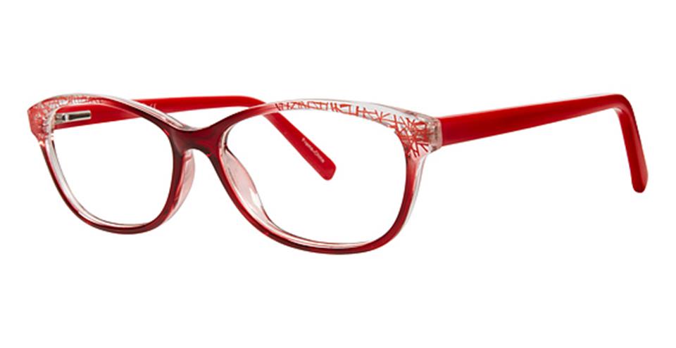 A pair of cat-eye Vivid Metro 28 glasses with red and clear durable plastic frames. The arms are solid red, while the front part transitions from red to clear, featuring subtle etched designs near the temples. The spring hinge design ensures a comfortable fit.