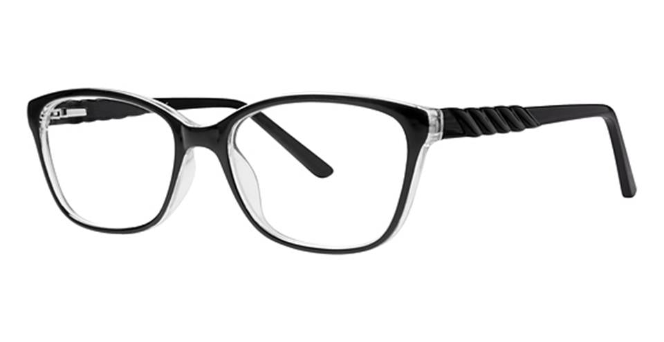 A pair of stylish Vivid Metro 29 glasses with black, rectangular frames. The durable plastic frames have clear accents around the lenses and a distinctive twisted design on the arms, complemented by a spring hinge design that lends a sophisticated touch to the overall look.