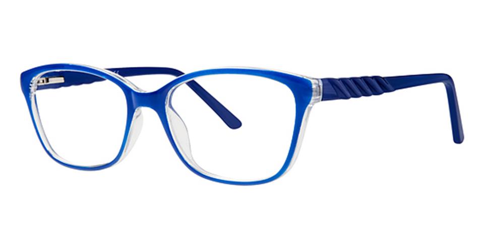 A pair of Vivid Metro 29 glasses featuring a blue and clear durable plastic frame. The top half and the temples are solid blue, while the bottom half is clear. The temples sport a twisted design near the hinges, incorporating a spring hinge design for added comfort.