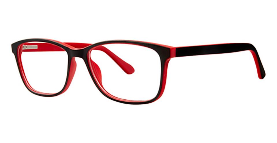 A pair of Vivid Metro 30 glasses featuring a rectangular shape with durable black and red plastic frames. The front and outer sides are sleek black, while the inner temples flaunt a vibrant red. The glasses have a simple yet stylish design, enhanced by a comfortable spring hinge design for added flexibility.