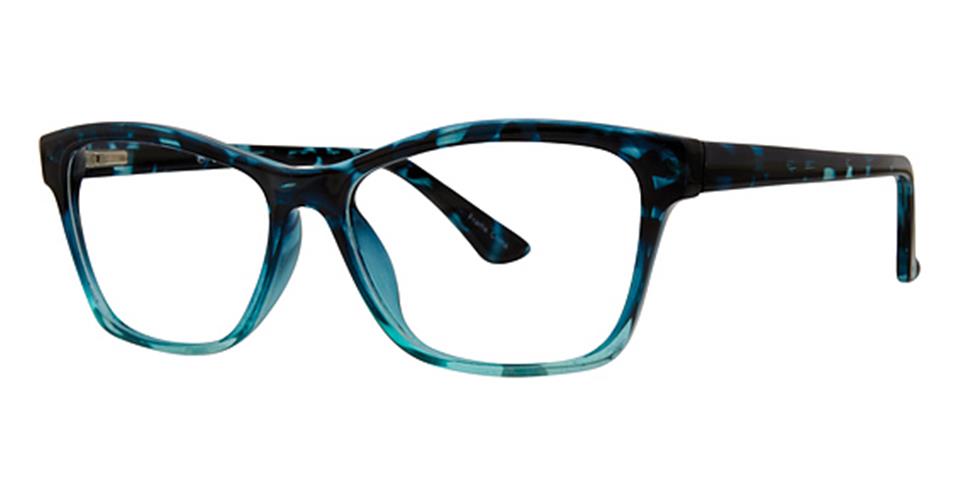 A pair of Vivid Metro 31 glasses with a stylish blue and black tortoiseshell pattern. The frame has a slightly cat-eye shape with pointed outer edges, durable plastic lenses that are rectangular, and temples that extend straight back with a matching design featuring a spring hinge straight design.