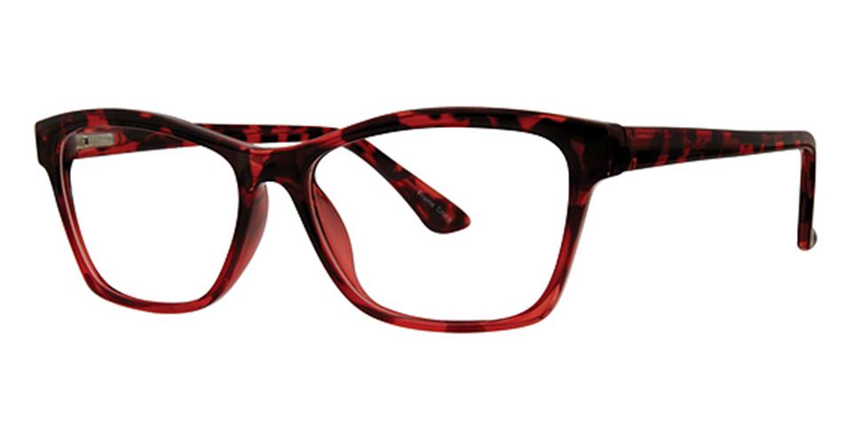 A pair of Vivid Metro 31 glasses with a red and black tortoiseshell pattern on durable plastic frames. These eyeglasses feature a slightly thick frame with spring hinge straight temples, ensuring both style and functionality.