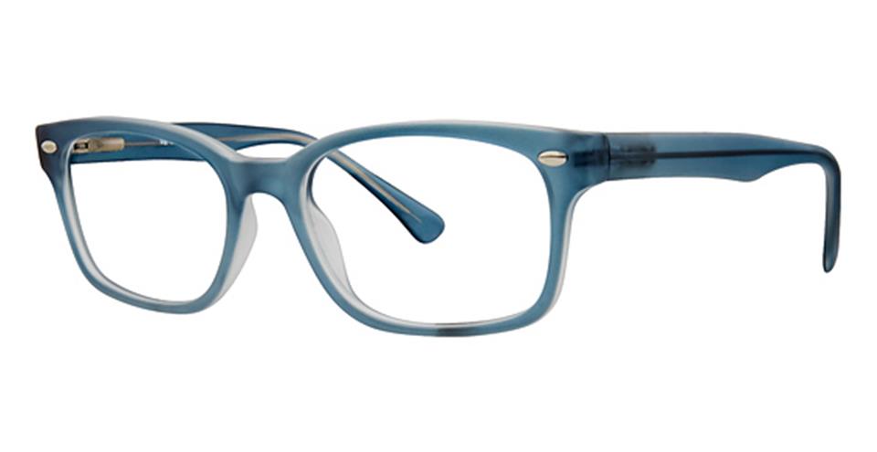 A pair of Metro 32 eyeglasses by Vivid with blue frames and clear lenses. Crafted from durable plastic, the glasses have a slim bridge and Black Matt temples, with small metallic accents near the spring hinges. The frames show a semi-transparent quality, highlighting their stylish design.