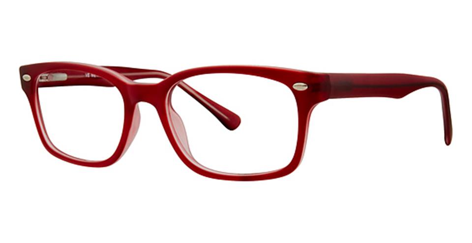 A red Metro 32 eyeglasses frame by Vivid, crafted from durable plastic, set against a clean white background, featuring a sleek spring hinge for comfort.