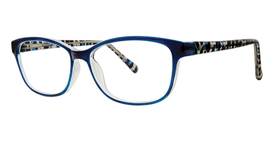 A pair of Vivid Metro 36 glasses featuring rectangular lenses, with a blue and clear gradient frame. The temples have a black, white, and blue-patterned design and include a spring hinge straight for added comfort.