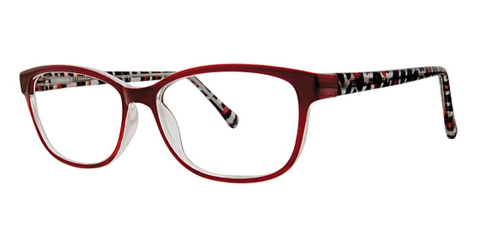 A pair of Vivid Metro 36 eyeglasses featuring a rectangular shape with a red frame and black, white, and red patterned arms. The design is modern and stylish, suitable for everyday wear. Enhanced with spring hinge straight temples for added comfort.