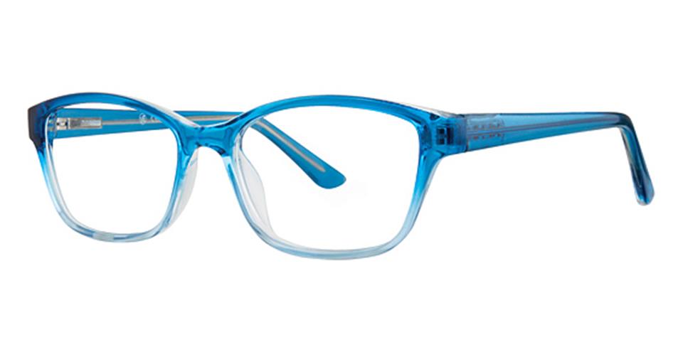 A pair of Vivid Metro 37 glasses featuring rectangular prescription lenses with bright blue semi-transparent frames and matching blue temples. Made from durable plastic, the stylish design has a modern, vibrant look with a subtle fade effect that enhances its appeal.
