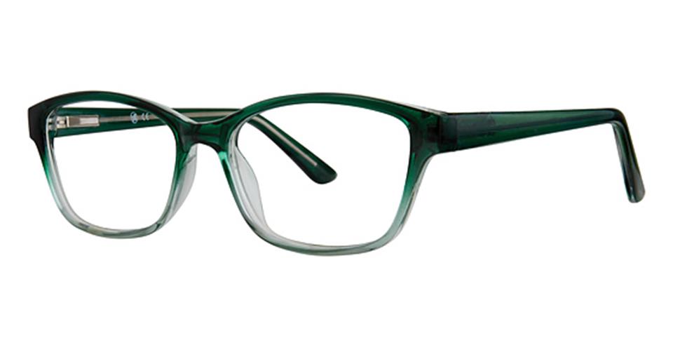 A pair of Vivid Metro 37 glasses featuring a stylish fade effect in the two-toned frame that transitions from dark green at the top to clear at the bottom. The lenses are rectangular with slightly rounded edges, and the arms, made of durable plastic, are also dark green and extend to a subtle curve at the ends.