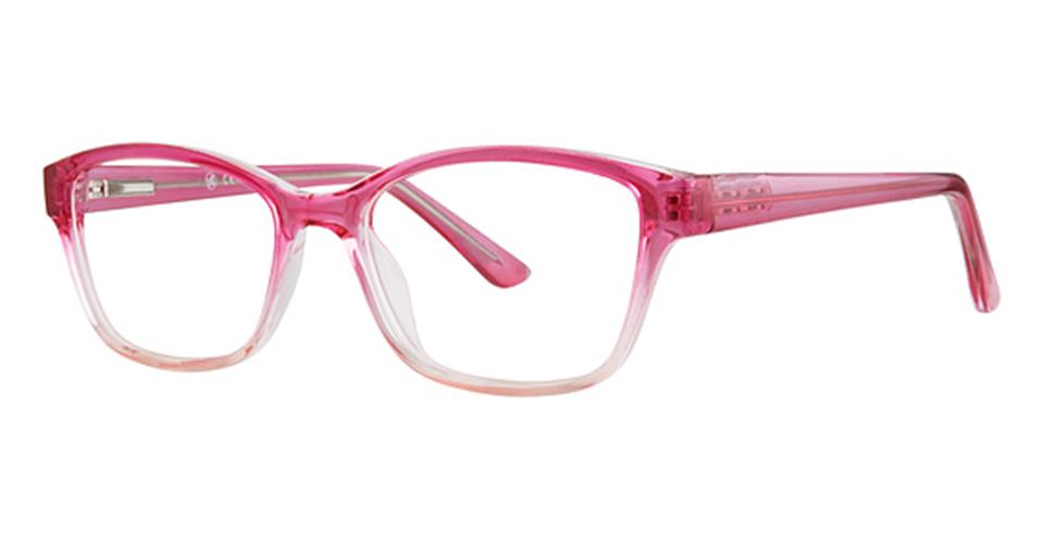A pair of eyeglasses with rectangular lenses and clear pink frames that gradually exhibit a stylish fade effect towards the bottom. The arms, crafted from durable plastic, also match the pink hue of the top part of these fashionable Vivid Metro 37 glasses.