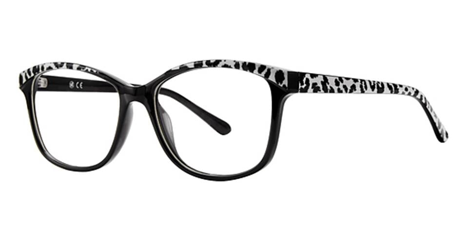A pair of black and white Vivid Metro 39 glasses featuring a distinct animal print pattern on the temples and frame. The rectangular lenses are framed by a sleek and modern design, blending style with functionality. Crafted from durable plastic, these lightweight glasses offer comfort and durability.