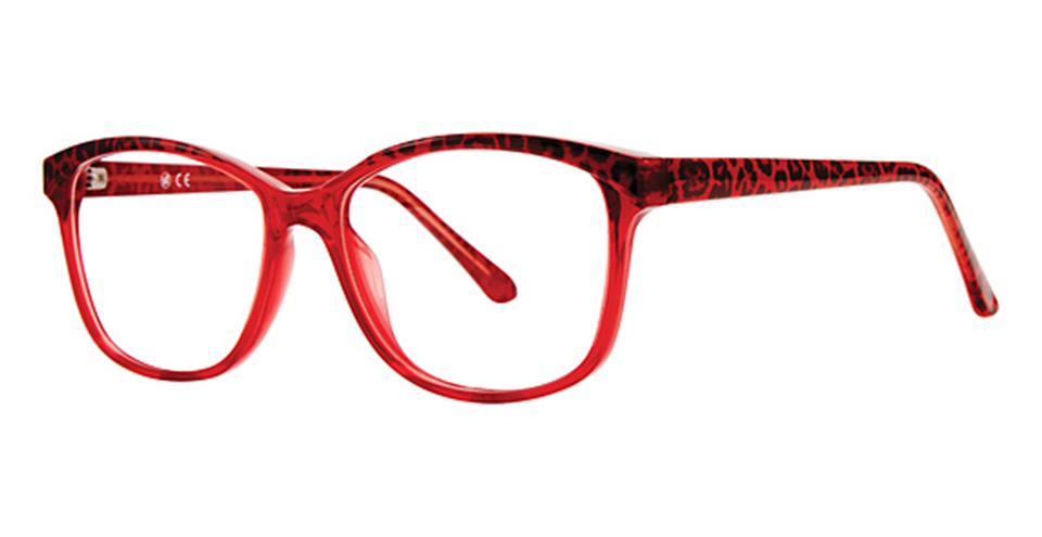 A pair of Vivid Metro 39 glasses featuring red, leopard print frames. These stylish and bold eyeglass frames have a full-rim, cat-eye shape and slightly curved temples, crafted from durable plastic to ensure long-lasting wear.