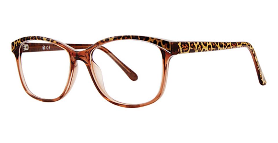 Vivid's Metro 39 glasses boast a pair of eyeglasses with rectangular lenses. Crafted from durable plastic, the frame is brown with a sophisticated leopard print pattern on the top half and along the temples. These animal print designs feature a sleek look with straight, thin arms.
