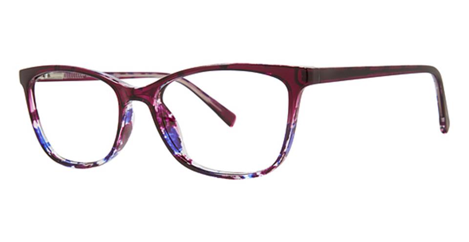 A pair of stylish Vivid Metro 40 glasses featuring a purple and pink patterned frame with a slight cat-eye shape. Crafted from durable plastic, the lenses are clear, and the temples match the vibrant colors of the frame, creating a bold and fashionable accessory with a spring hinge for added comfort.
