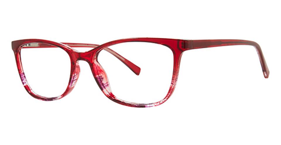 A pair of Vivid Metro 40 glasses with rectangular lenses and vibrant red frames. The design is sleek, made from durable plastic with a subtle gradient effect on the temple arms. Featuring spring hinges, they add a touch of modern elegance.