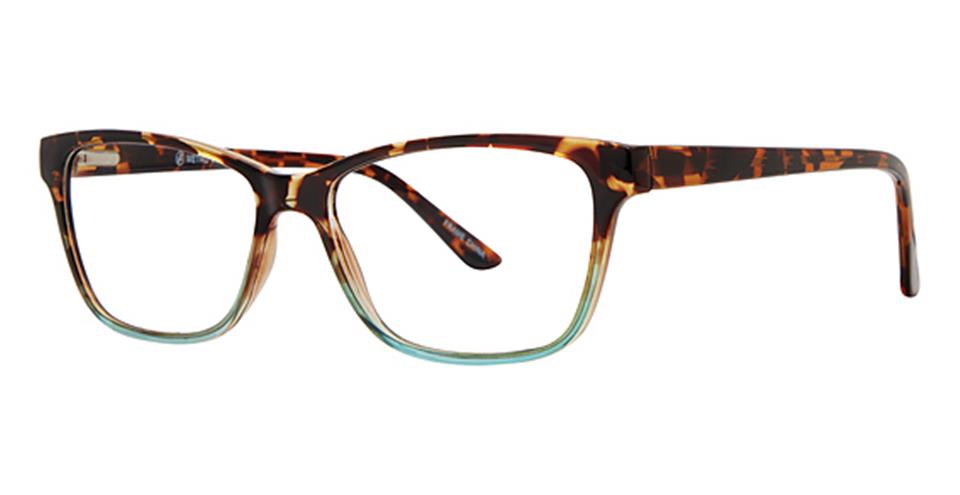 A pair of Vivid Metro 41 glasses with a tortoiseshell pattern on the frames. The durable plastic frames feature a subtle cat-eye shape with a gradient effect that transitions from dark brown at the top to a lighter shade towards the bottom. The arms match the tortoiseshell pattern and include a spring hinge design.