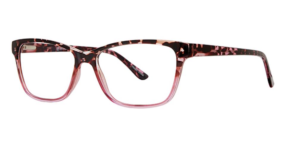 Introducing the Vivid Metro 41 glasses: a pair of stylish eyeglasses with rectangular, durable plastic frames featuring a unique blend of pink, brown, and black tortoiseshell pattern. These frames boast a slightly cat-eye shape and clear pink detailing at the bottom of the lenses, complete with a spring hinge design for extra comfort.