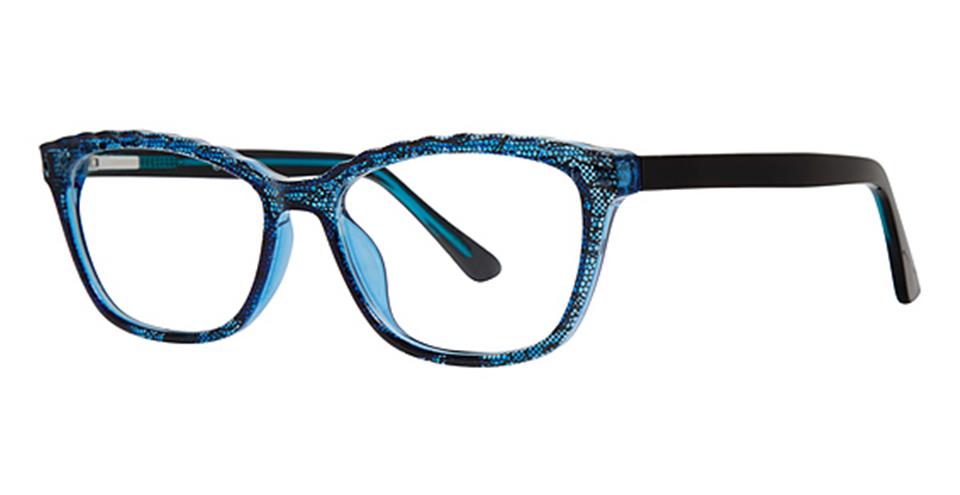 A pair of blue Vivid Metro 42 glasses with delicate lace patterns, crafted from durable plastic.