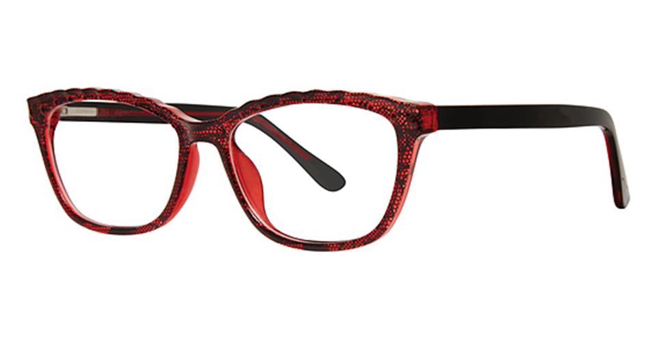 A pair of stylish, rectangular Vivid Metro 42 glasses with a red and black frame. The front features a red, textured design with black accents reminiscent of lace patterns, while the temples are solid black with a slight curve. Crafted from durable plastic, these eyeglasses offer both flair and resilience.