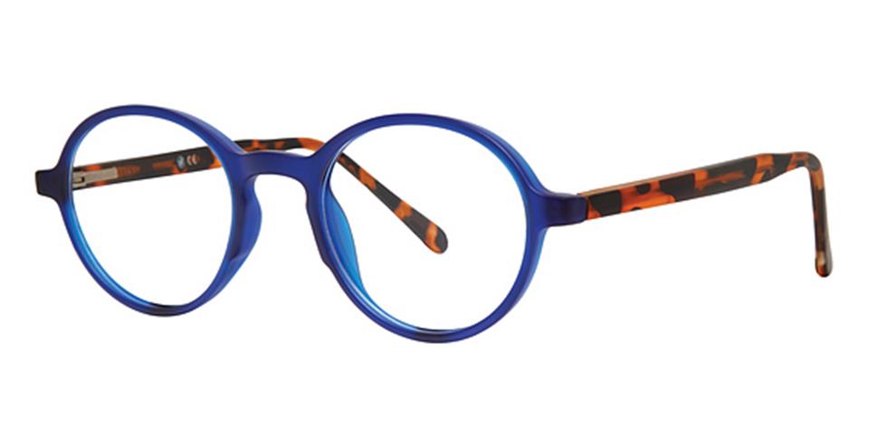 A pair of Vivid Metro 43 glasses with round, vibrant blue frames and tortoiseshell-patterned arms. The durable plastic arms feature a mix of black and amber colors, adding a stylish contrast to the striking Matt Navy frames.