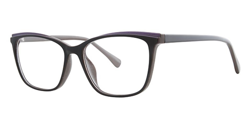 The Vivid Metro 45 glasses feature durable plastic frames with rectangular lenses. The front is black with a subtle purple accent along the top edge, and the temples are light gray. With a sleek, modern design and spring hinge construction, they are perfect for everyday wear.