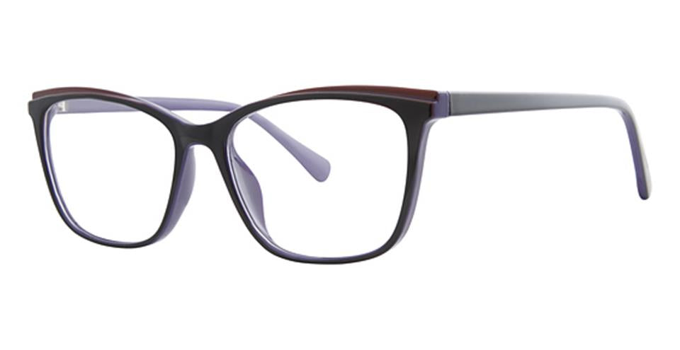 The Vivid Metro 45 glasses feature a sleek, modern design with black rectangular frames, purple inner arms, and a subtle red accent along the top edge. Made from durable plastic, these eyeglasses boast a spring hinge design for added comfort. The clear lenses complete their stylish and professional look.