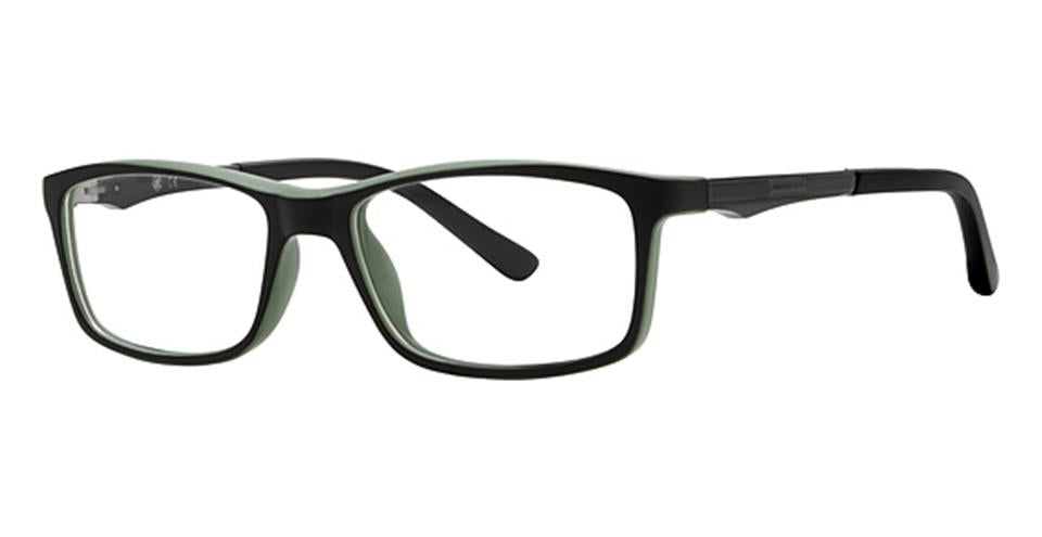 A pair of Vivid Metro 46 eyewear featuring rectangular eyeglasses with a durable black plastic frame and green accents on the inner sides. The temples are black with sleek, straight arms that have a slight curve at the ends. The clear lenses contribute to the overall modern and stylish design.