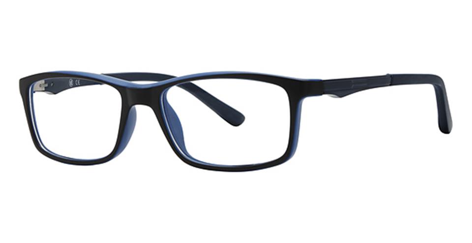 A pair of rectangular Vivid Metro 46 eyewear glasses with black frames and slightly curved arms. The durable plastic frame features a subtle blue outline along the edges. These fashion-forward glasses boast a modern and sleek design, perfect for everyday wear.