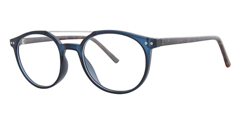 A pair of eyeglasses with a rounded frame crafted from durable plastic. The front of the frame is an opaque dark blue color, while the temples feature a tortoiseshell pattern. This piece of contemporary eyewear boasts clear lenses and a keyhole bridge design, embodying the Vivid Metro 47 style.