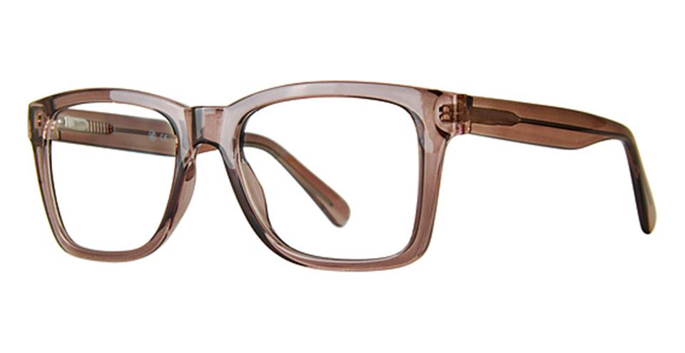 A pair of Vivid Metro 57 eyeglasses with large, rectangular lenses and brown, translucent plastic frames. The temples are thick and also made of the same durable plastic, connecting to the front frame with visible metal hinges, exuding modern elegance.