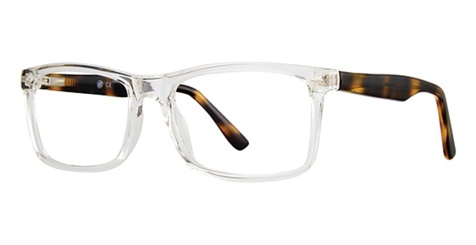 A pair of rectangular eyeglasses with clear, transparent frames and tortoiseshell-patterned temples. The glasses epitomize timeless elegance with sleek, modern lenses and a classic, sophisticated design—truly the pinnacle of Vivid's sophisticated eyewear collection.