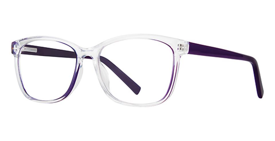 A pair of eyeglasses with a transparent front frame and dark-colored temples, exemplifying modern style. The rectangular lenses feature slightly rounded edges, providing a sleek aesthetic. These Vivid Metro 60 eyewear frames also boast spring hinge glasses for added durability and comfort.