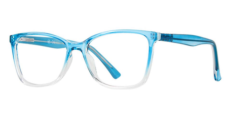 A pair of blue gradient Vivid Metro 61 eyewear with a slightly oversized, rectangular frame and clear lower rims. The temples are solid blue, transitioning to clear near the hinges. These lightweight and durable plastic glasses feature clear lenses for a stylish, modern look.