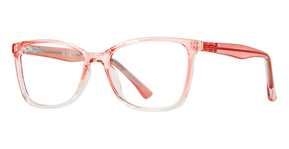 A sleek pair of eyeglasses with a transparent pink frame. The Vivid Metro 61 eyewear design showcases a subtle gradient, with the pink color more pronounced on the top and fading to transparent at the bottom. Made from durable plastic, these glasses feature a slight rectangular shape for a modern look.