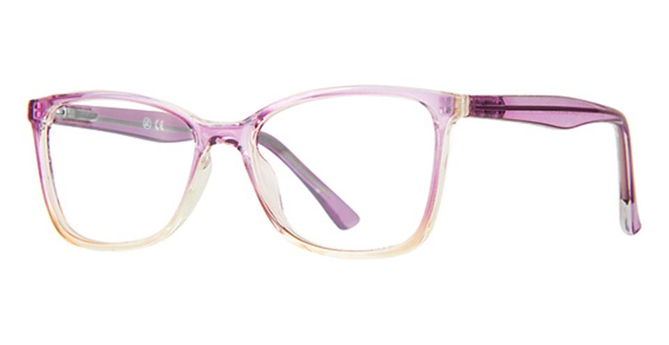 A pair of Vivid Metro 61 eyewear featuring transparent and gradient pastel purple frames. The lenses are clear, and the arms of these durable plastic glasses are slightly curved with a solid purple color towards the temple tips.