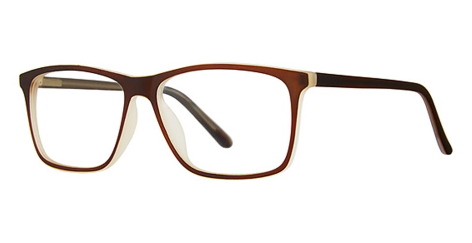 A pair of rectangular eyeglasses with a brown frame and clear lenses made from durable plastic eyewear. The temples are sleek, straight, and colored in brown, complementing the modern Metro 63 glasses' understated design by Vivid.