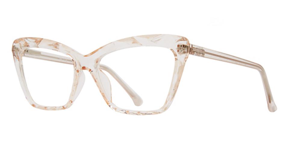 A pair of Metro 64 by Vivid with a semi-transparent, tortoiseshell-patterned, cat-eye frame exuding sophistication and modernity in eyewear. The durable plastic glasses have smooth, curved temples and a sleek design for a comfortable and secure fit.